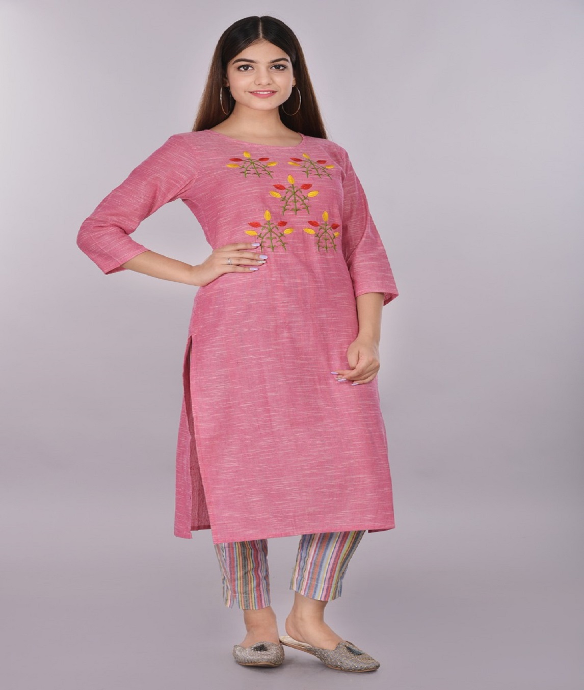 *South Cotton Fabric Kurti Embroidery Work With Pant 